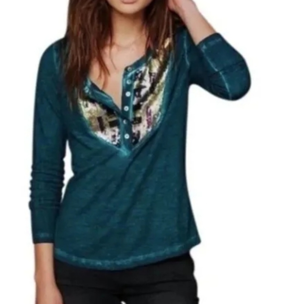 Free People Tiger Eyes Sequin Bib Henley Teal Size Small